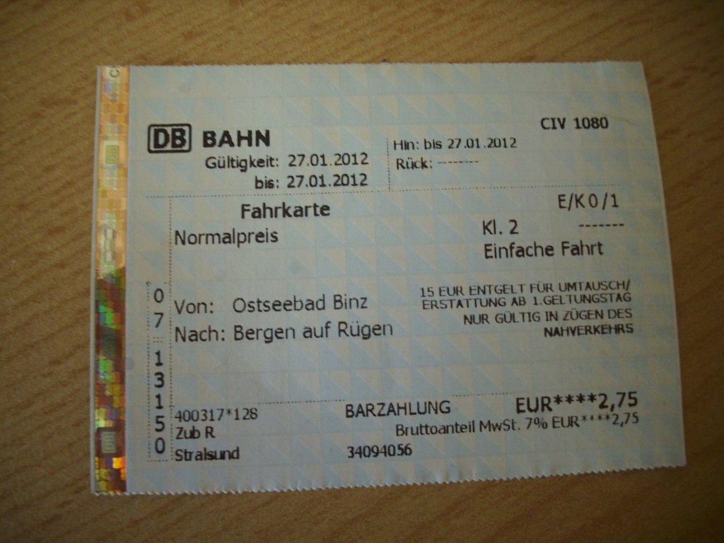 Fahrkarte der DB von Binz nach Bergen Tirolbahnbilder