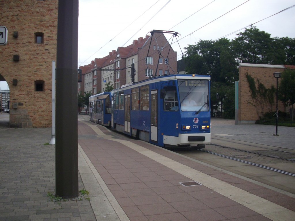 Wagen 703 der Rostocker Straenbahn AG, am Steintor fotografiert. (10.07.2012)
